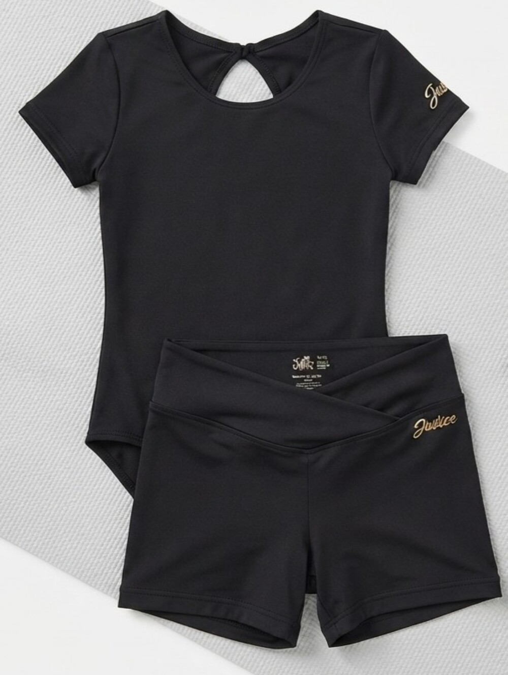 Justice Girls Gymnastics Leotard & Shorts Set Black Twist Back Gold Logo M 10